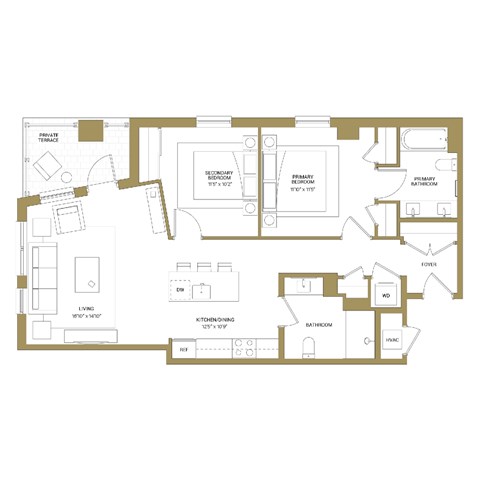 Floor plan for 2 beds, 2 baths, 1038 sqft